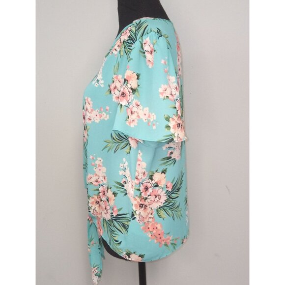 Women's Tropical Floral Blue Pink Blouse Size Medium - Picture 2 of 6